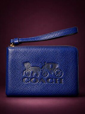 COACH Horse & Carriage Embossed Logo Royal Denim Blue Leather Wristlet